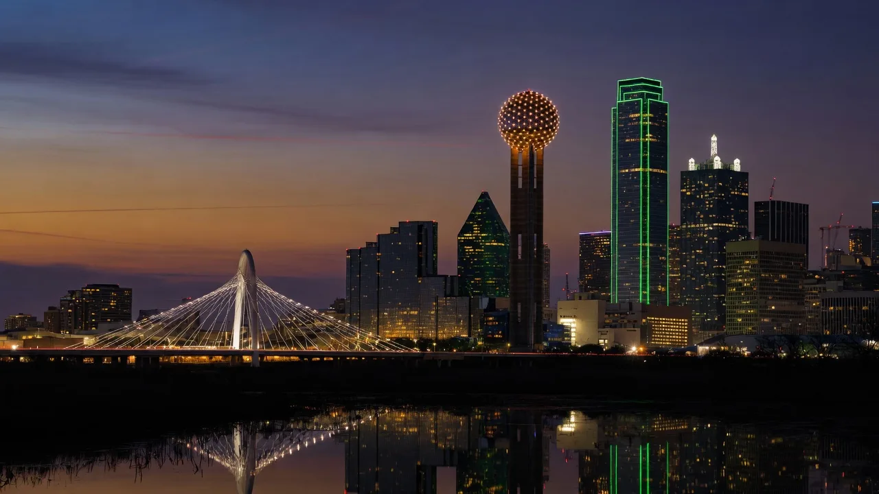 Dallas skyline at dusk — Reunion Tower and the Margaret Hunt Hill Bridge