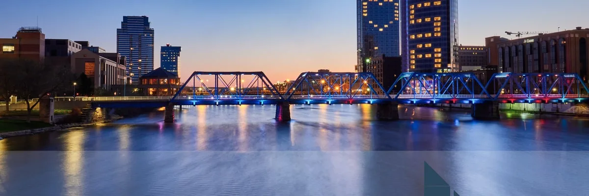 Grand Rapids at dusk — the Blue Bridge over the Grand River